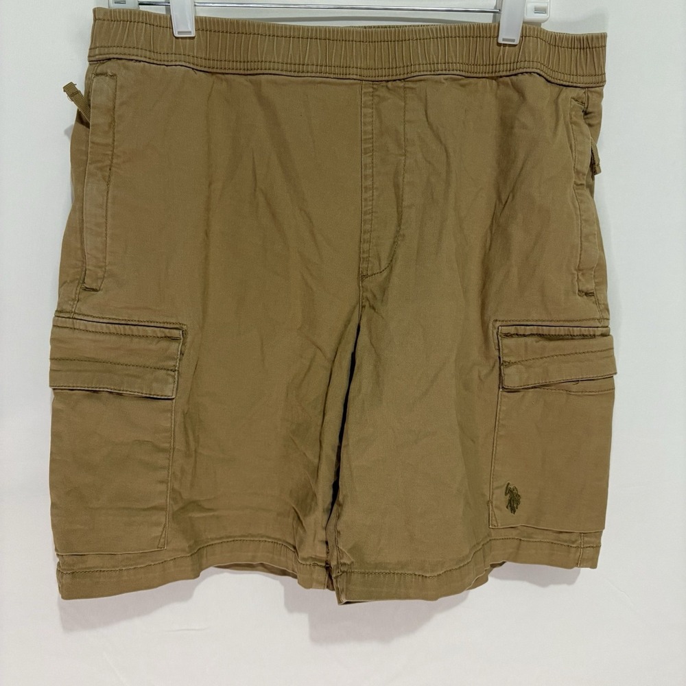 US Polo Assn Mens Khaki Cargo Shorts Beige Size Large Regular Fit Elastic Waist